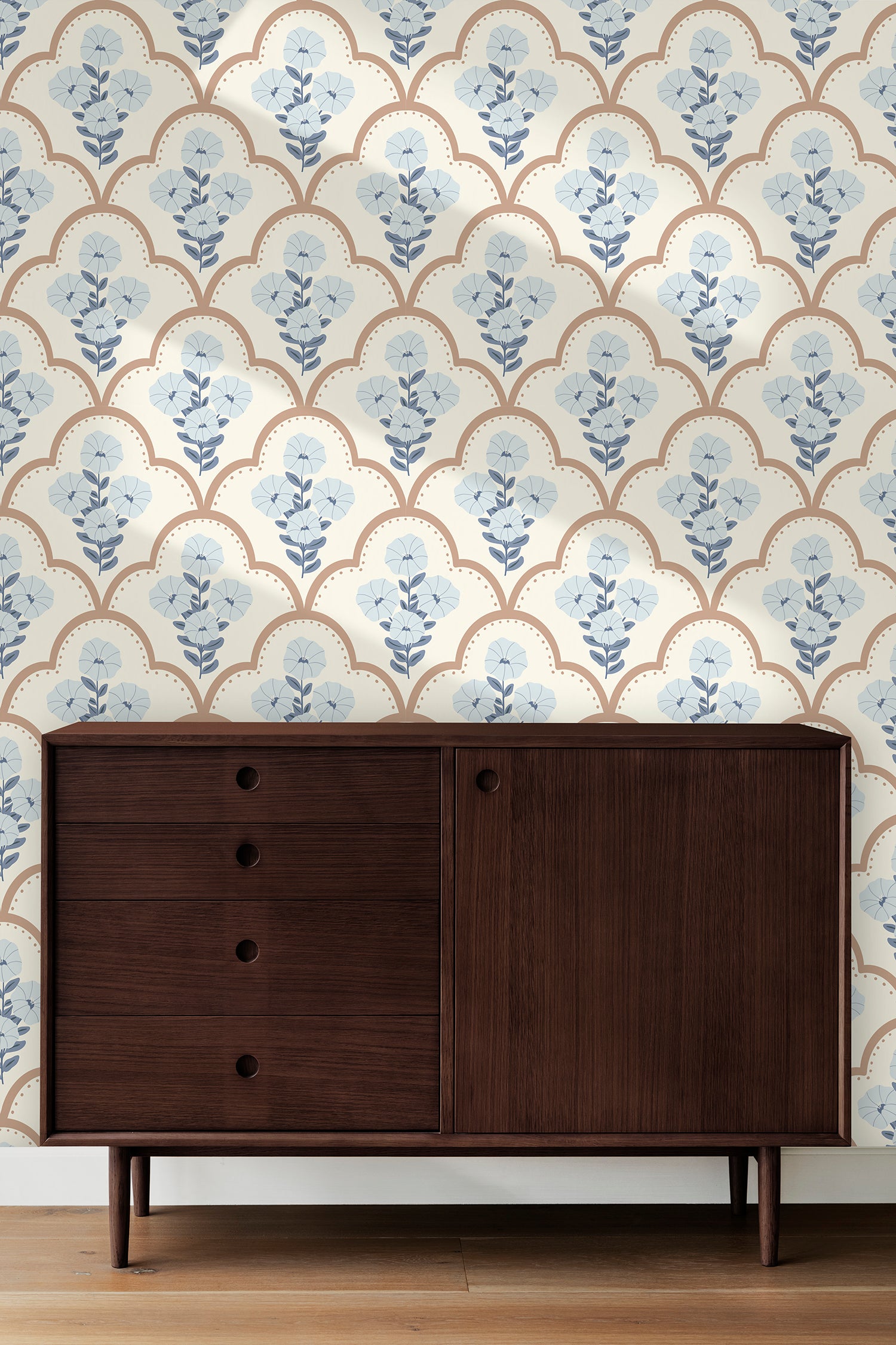 Mallow Bindweed Light Cream peel and stick wallpaper room mockup