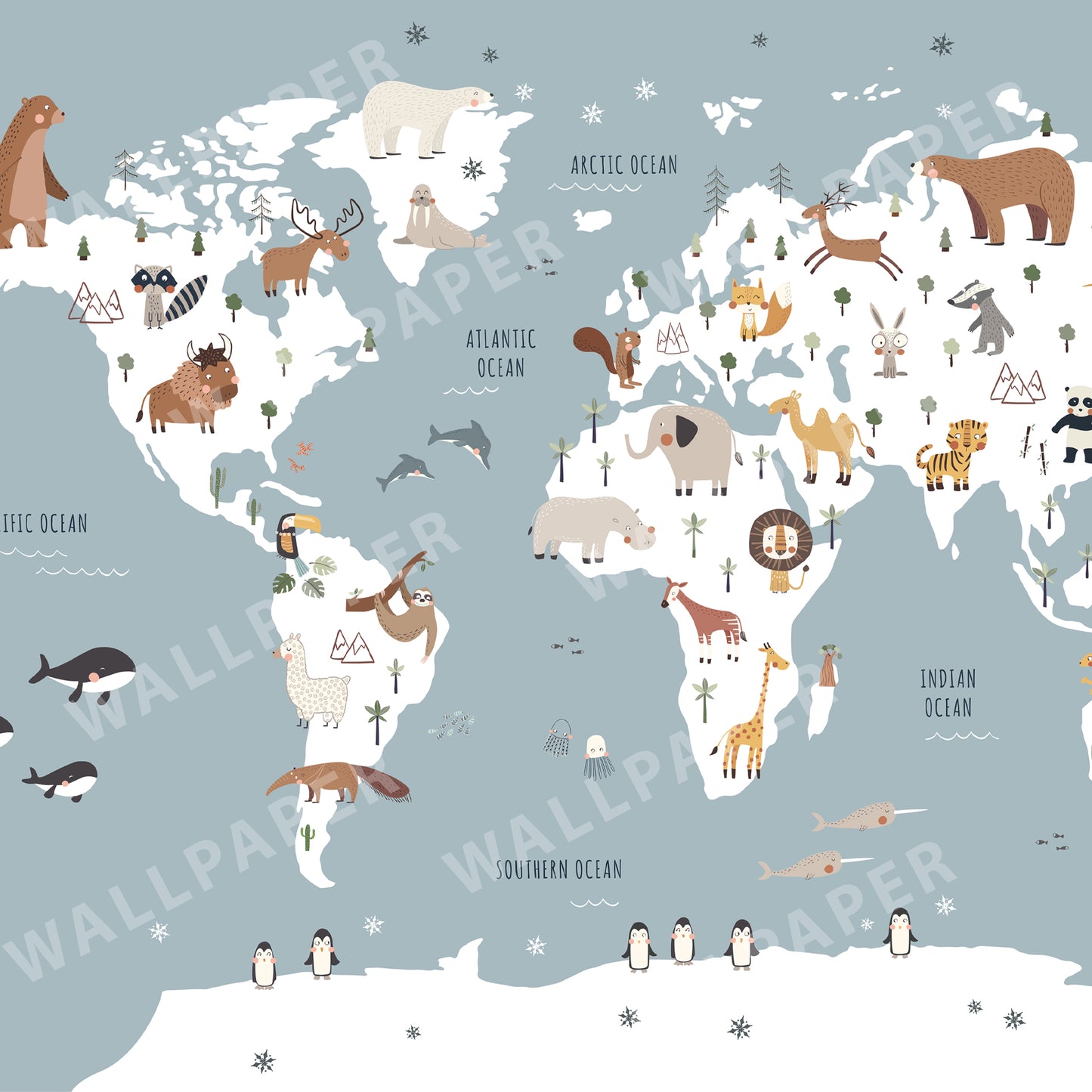 World Map with Animals Peel and Stick Wall Mural - Animals, Nursery, Illustration
