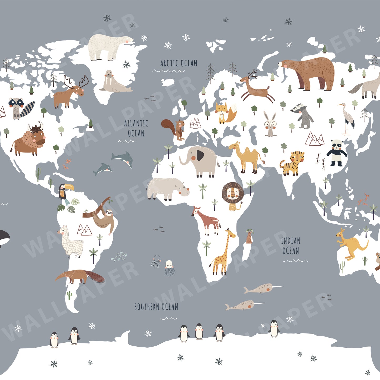 World Map with Animals Peel and Stick Wall Mural - Animals, Nursery, Illustration