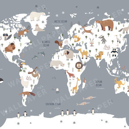World Map with Animals Peel and Stick Wall Mural - Animals, Nursery, Illustration