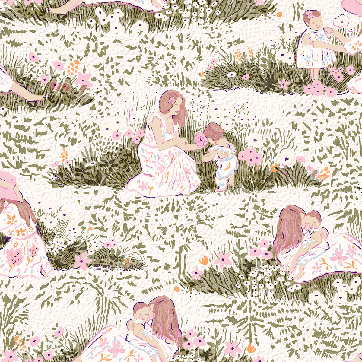 Modern Mother and Daughter Picnic Toile Peel and Stick Wallpaper
