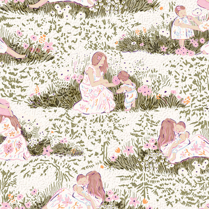 Modern Mother and Daughter Picnic Toile Peel and Stick Wallpaper