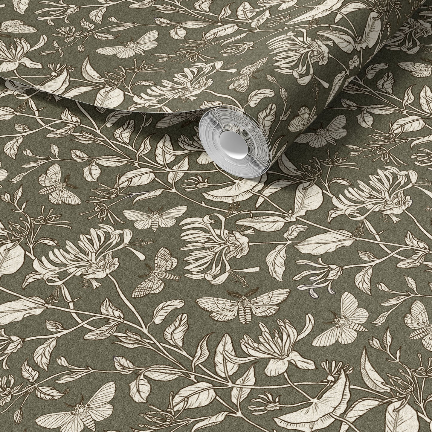 Moth and Honeysuckle peel and stick wallpaper room mockup