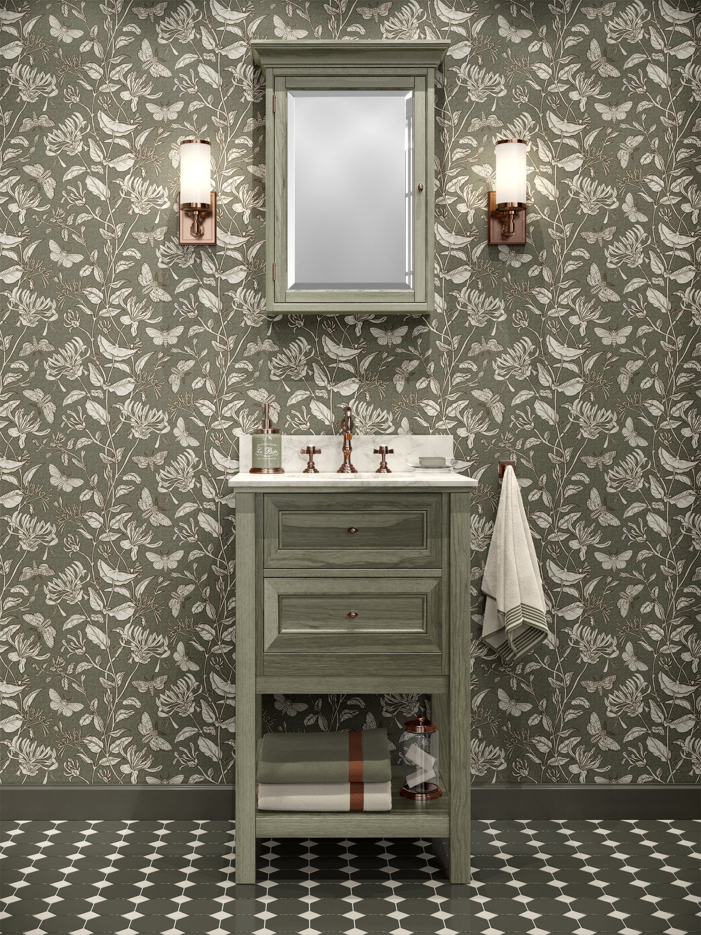 Moth and Honeysuckle peel and stick wallpaper room mockup