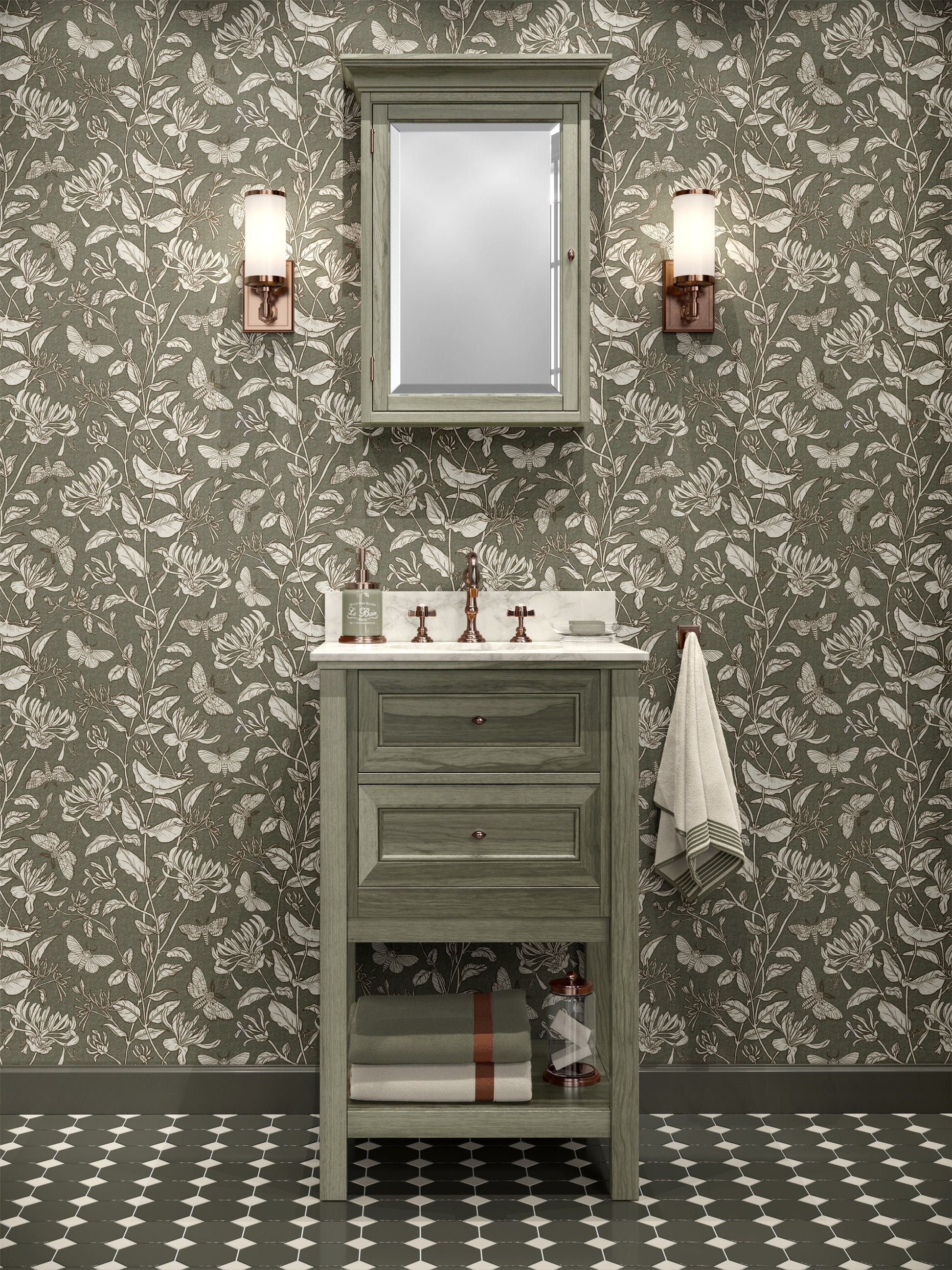 Moth and Honeysuckle peel and stick wallpaper room mockup