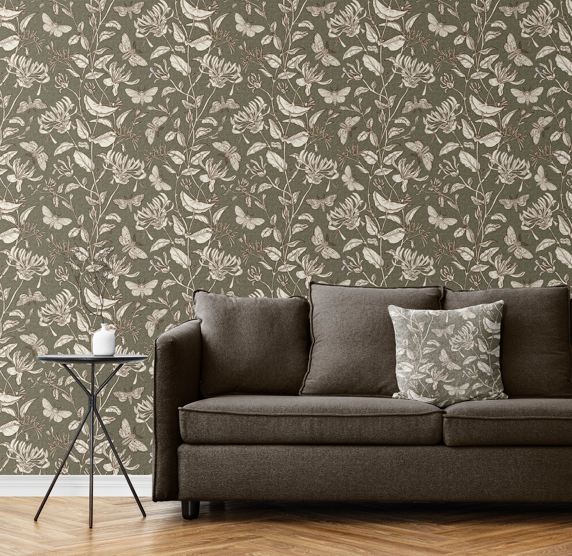 Moth and Honeysuckle peel and stick wallpaper room mockup
