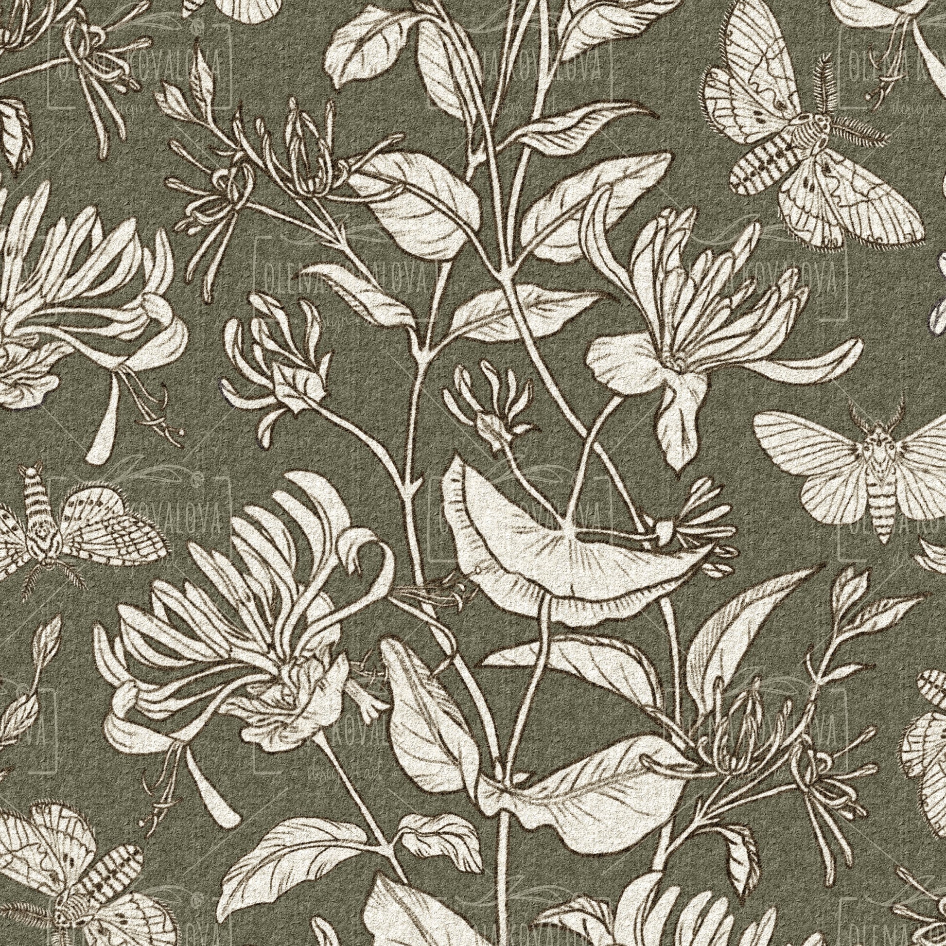Moth and Honeysuckle Biophilic Green peel and stick wallpaper pattern detail