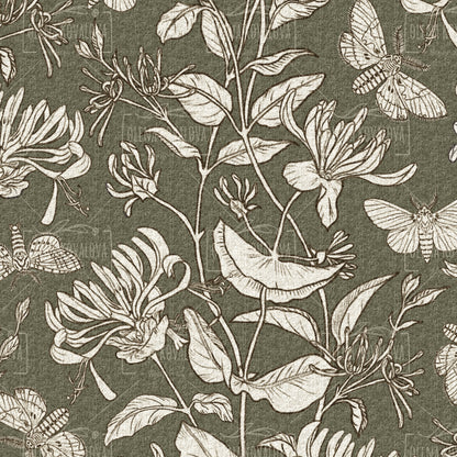Moth and Honeysuckle Biophilic Green peel and stick wallpaper pattern detail