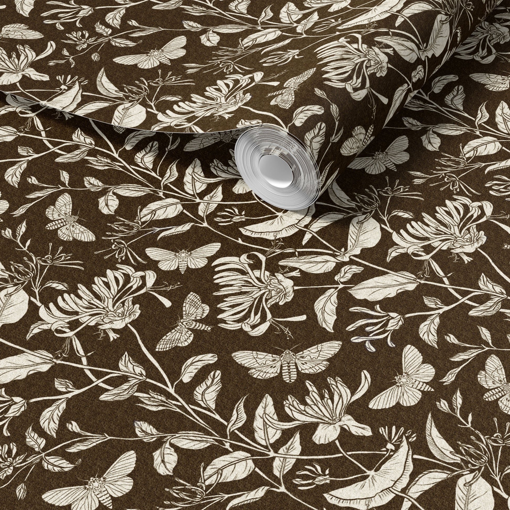 Moth and Honeysuckle Brown peel and stick wallpaper room mockup