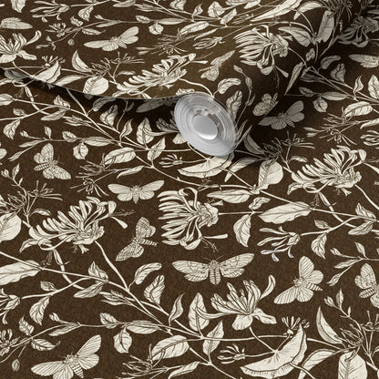 Moth and Honeysuckle Brown peel and stick wallpaper room mockup