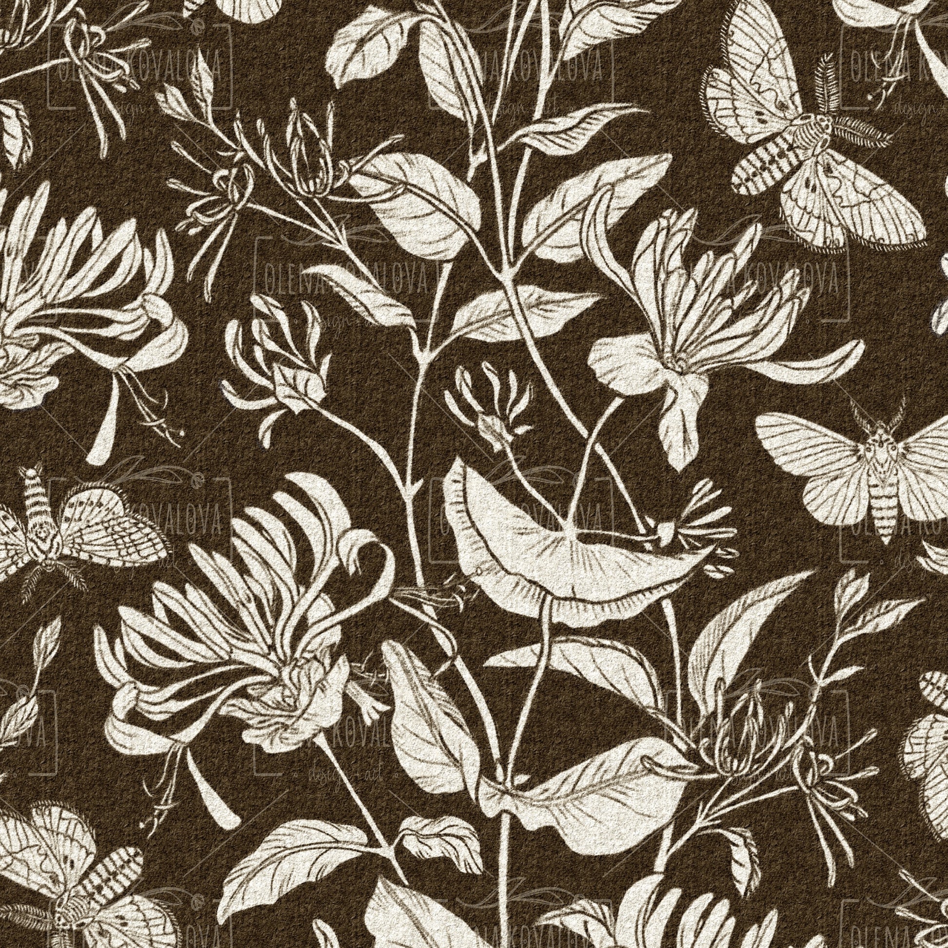 Moth and Honeysuckle Brown peel and stick wallpaper pattern detail