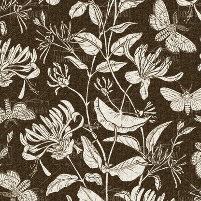 Moth and Honeysuckle Brown peel and stick wallpaper pattern detail