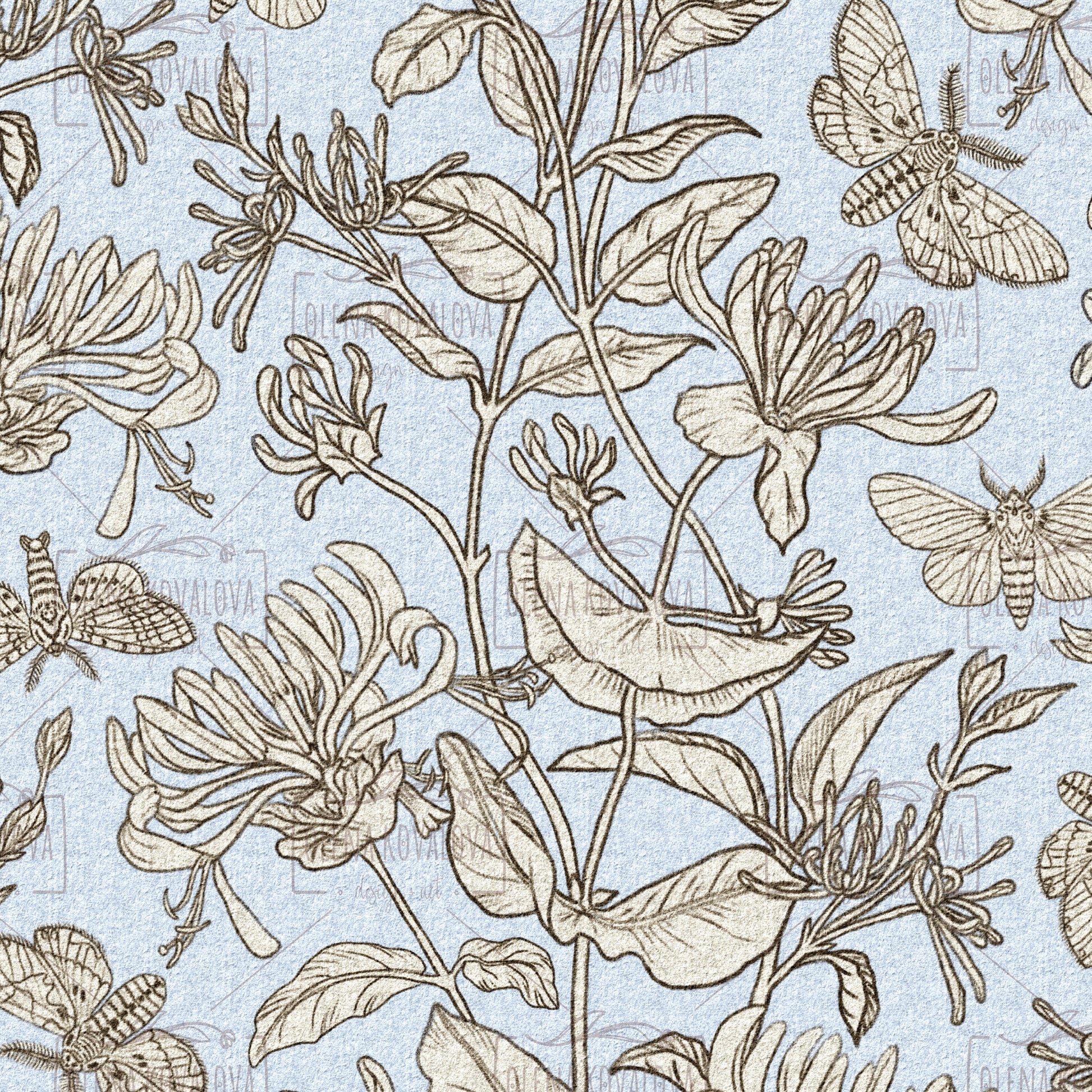 Moth and Honeysuckle Fog Blue peel and stick wallpaper pattern detail
