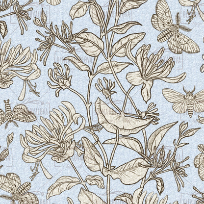 Moth and Honeysuckle Fog Blue peel and stick wallpaper pattern detail