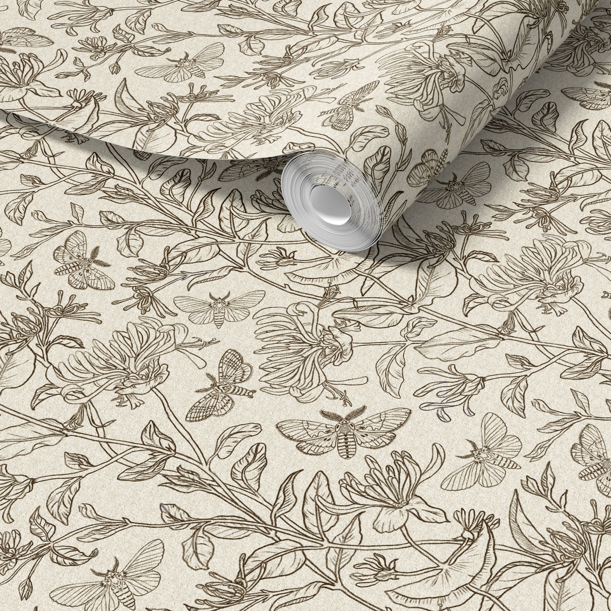 Moth and Honeysuckle peel and stick wallpaper room mockup