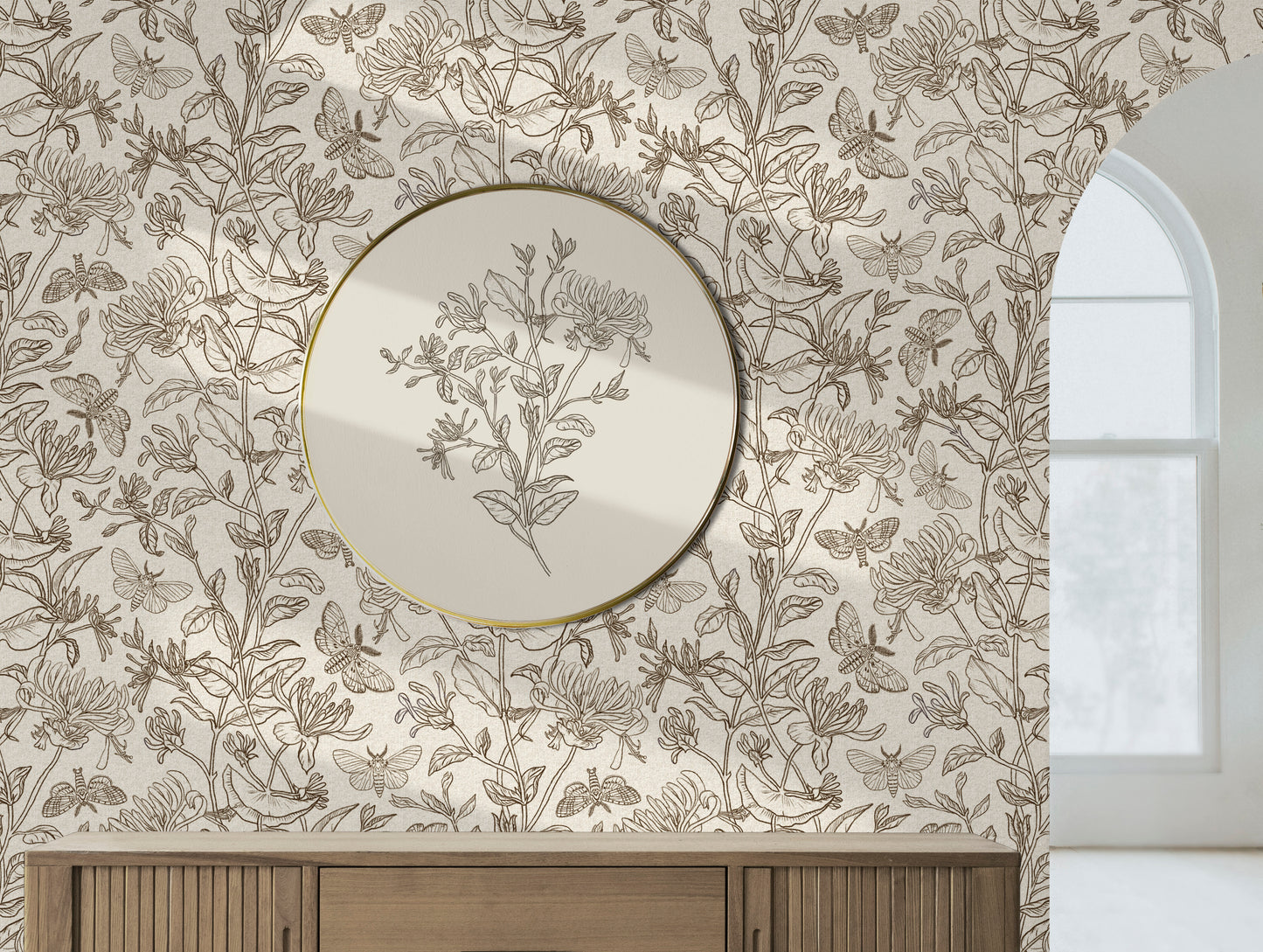 Moth and Honeysuckle peel and stick wallpaper room mockup
