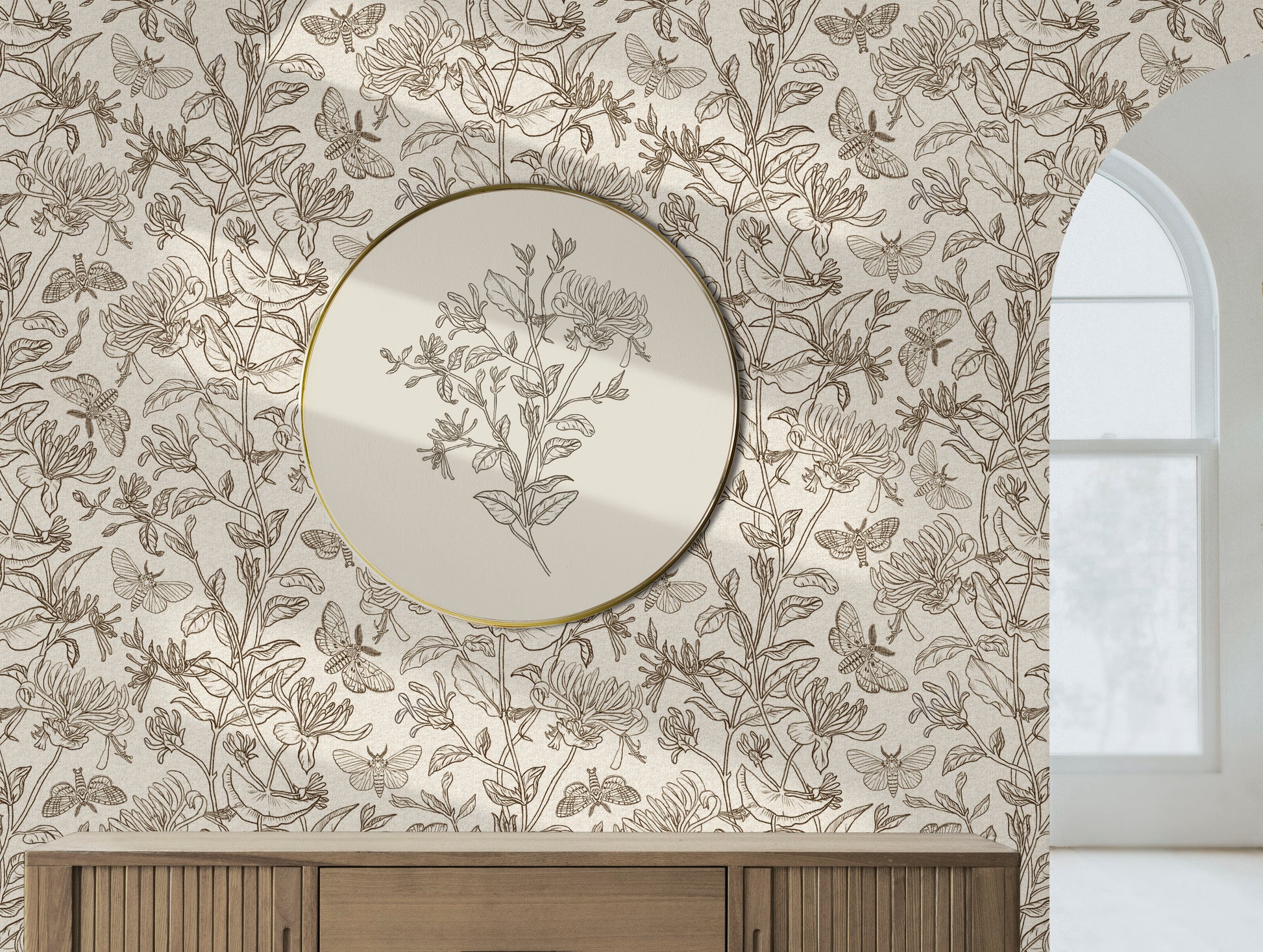 Moth and Honeysuckle peel and stick wallpaper room mockup