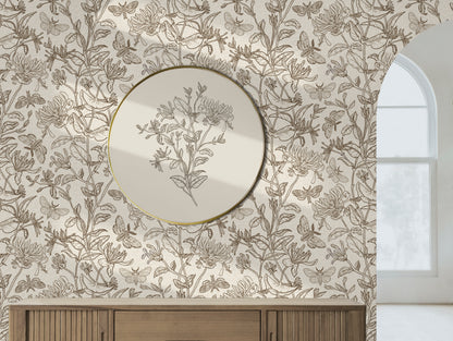 Moth and Honeysuckle peel and stick wallpaper room mockup