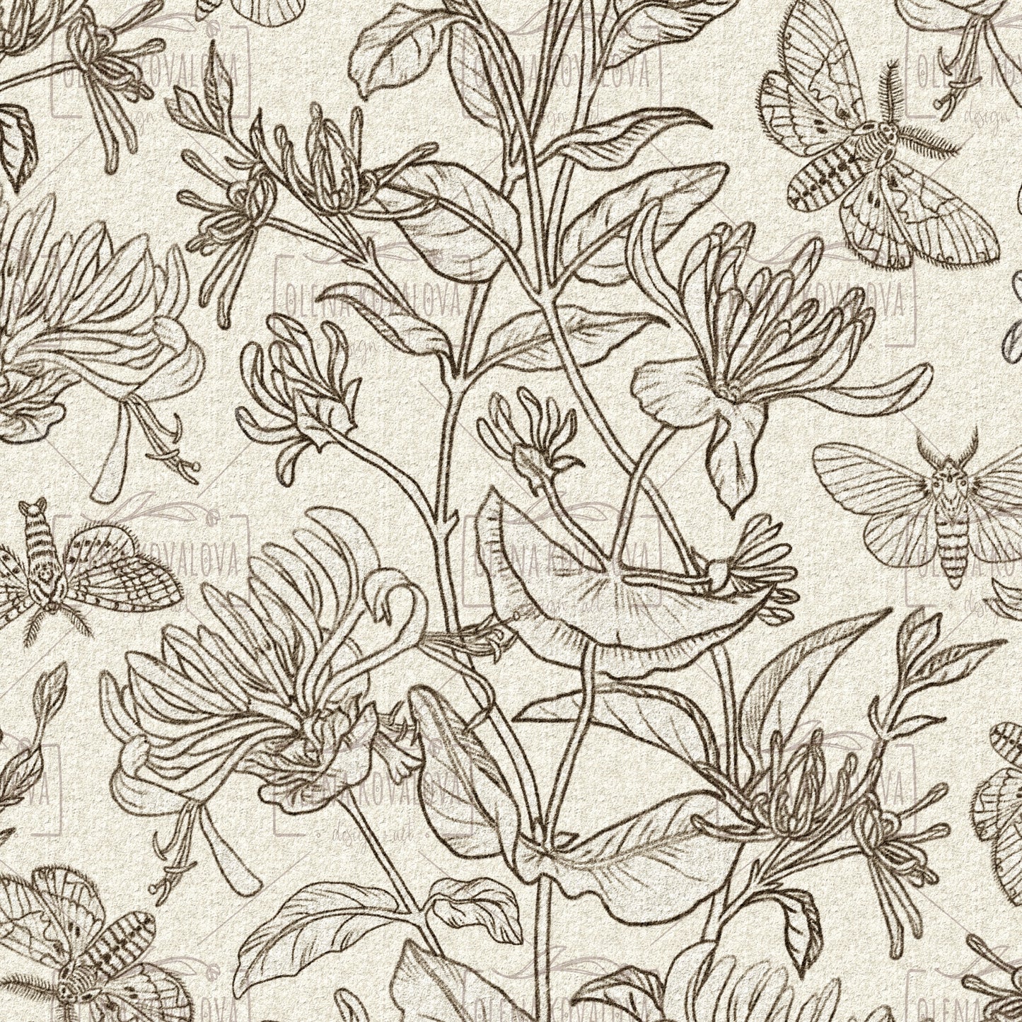 Moth and Honeysuckle Natural peel and stick wallpaper pattern detail