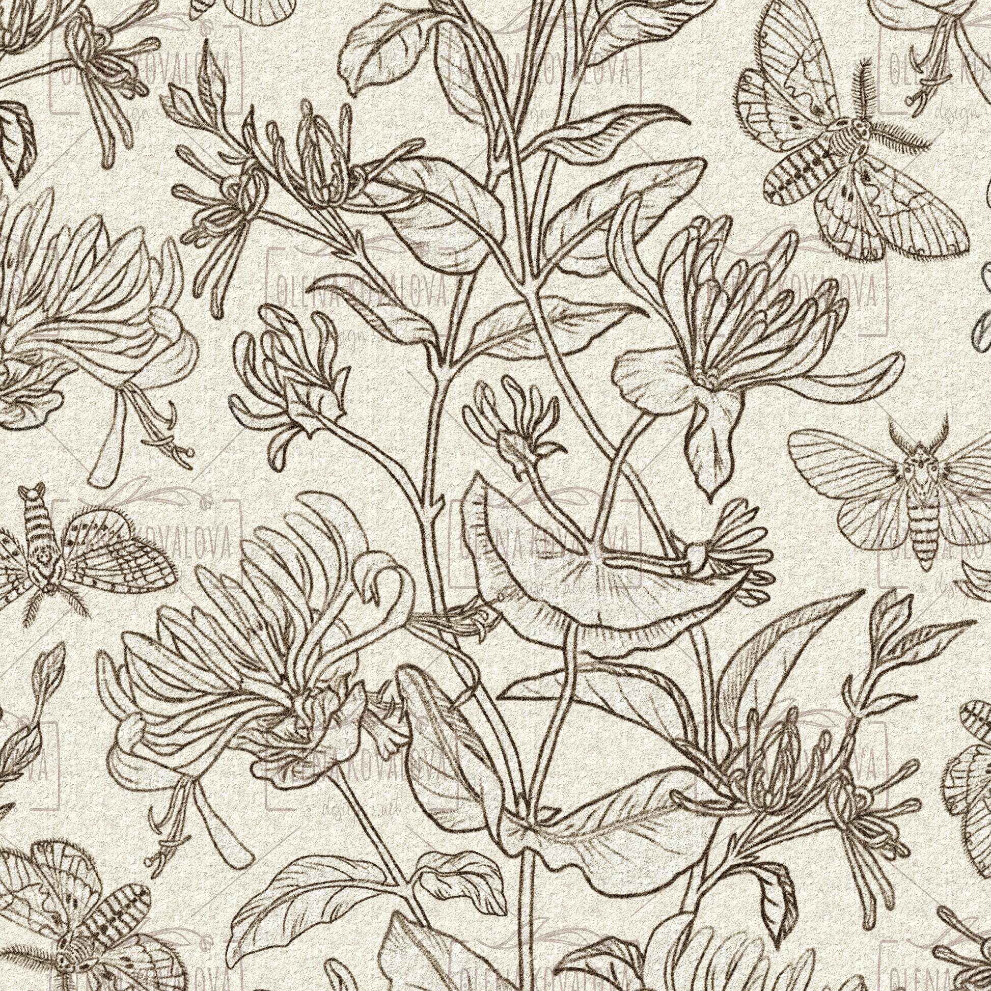 Moth and Honeysuckle Natural peel and stick wallpaper pattern detail