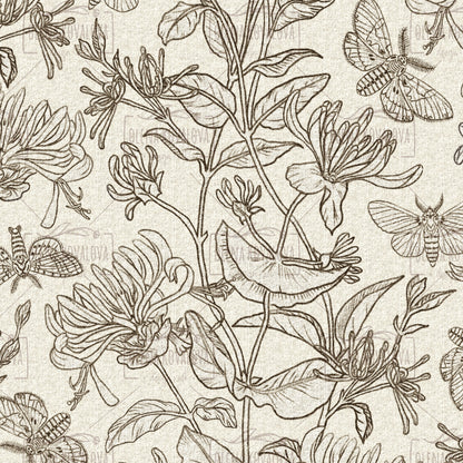 Moth and Honeysuckle Natural peel and stick wallpaper pattern detail