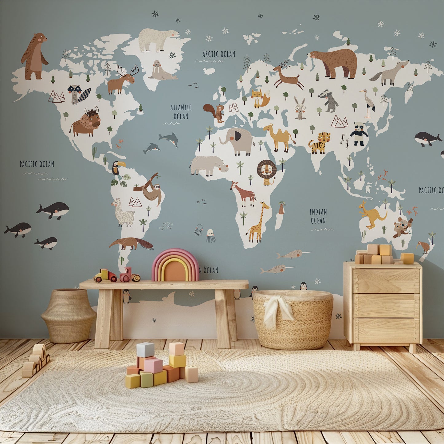 World Map with Animals Peel and Stick Wall Mural - Animals, Nursery, Illustration