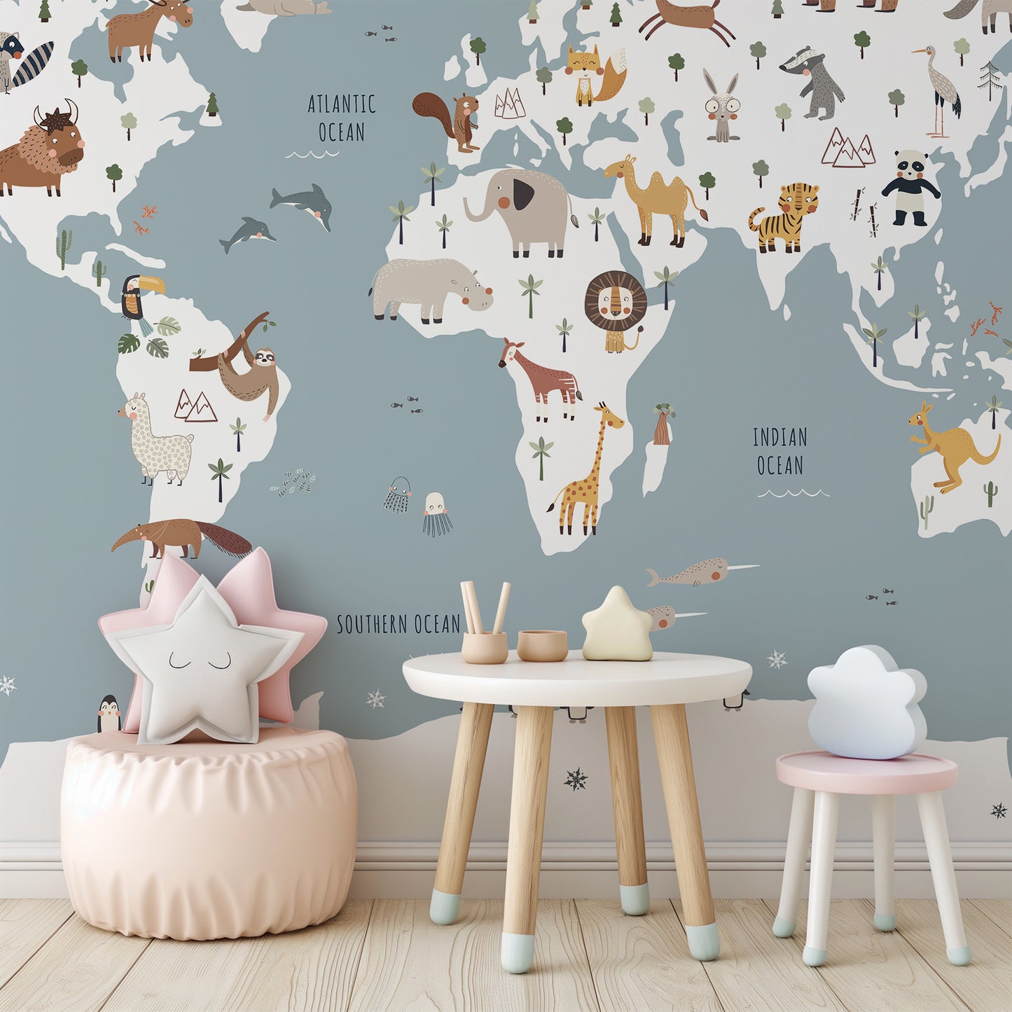 World Map with Animals Peel and Stick Wall Mural - Animals, Nursery, Illustration