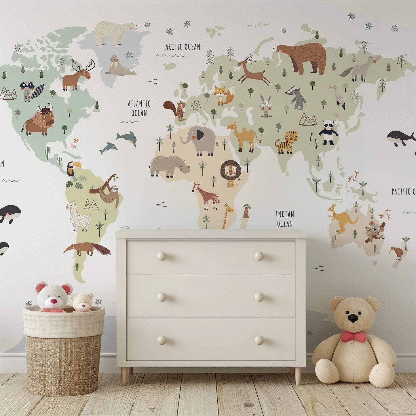World Map with Animals Peel and Stick Wall Mural - Animals, Nursery, Illustration