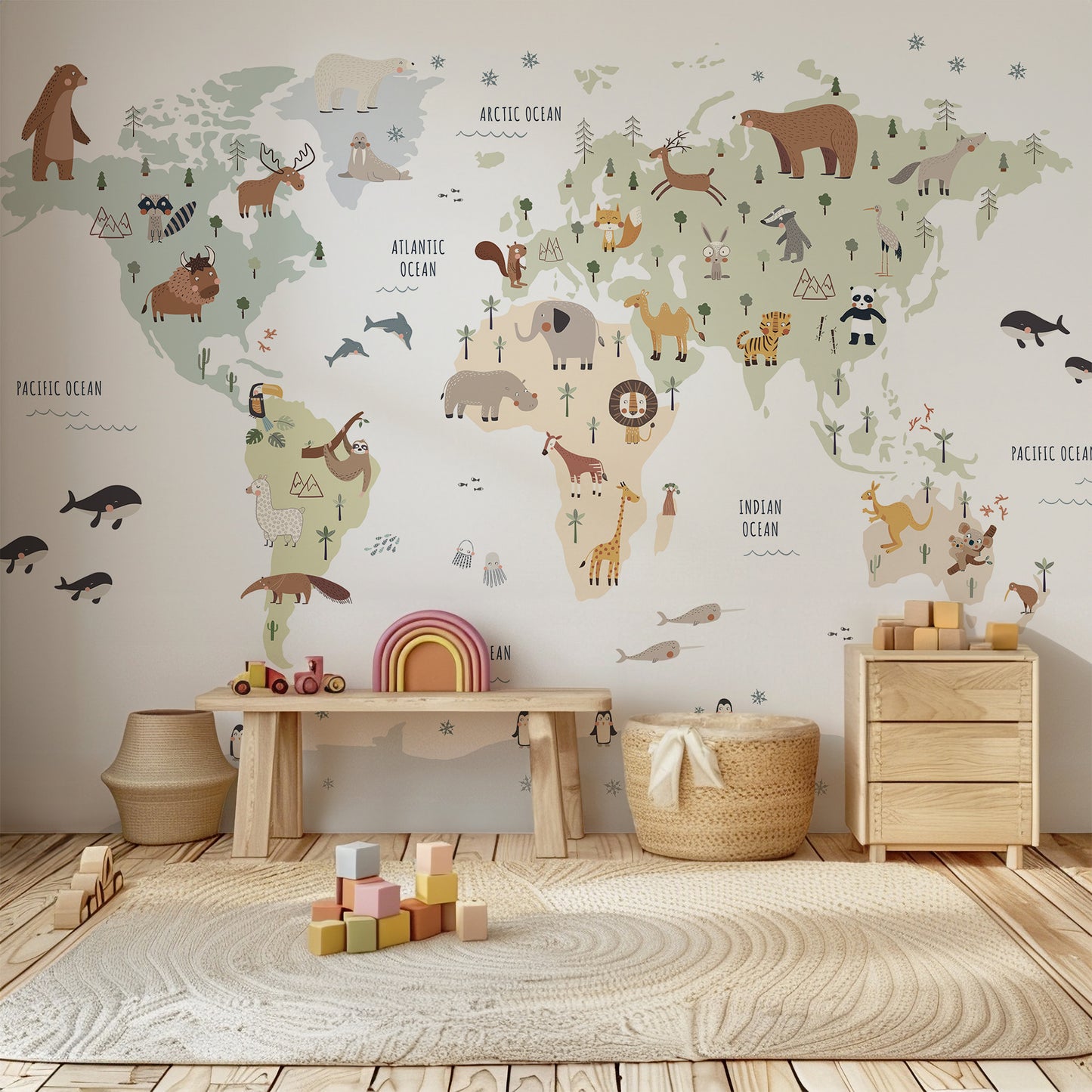 World Map with Animals Peel and Stick Wall Mural - Animals, Nursery, Illustration