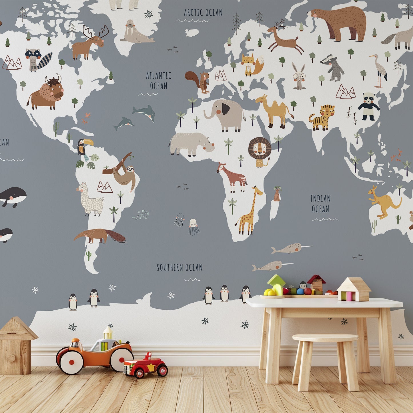 World Map with Animals Peel and Stick Wall Mural - Animals, Nursery, Illustration