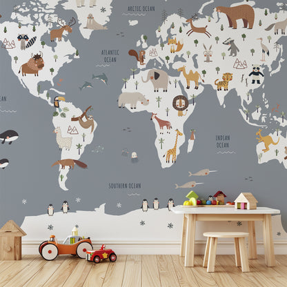 World Map with Animals Peel and Stick Wall Mural - Animals, Nursery, Illustration