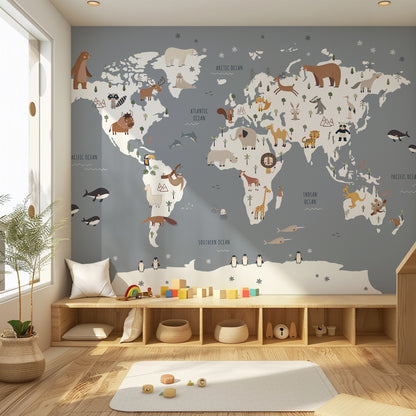 World Map with Animals Peel and Stick Wall Mural - Animals, Nursery, Illustration