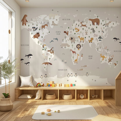 World Map with Animals Peel and Stick Wall Mural - Animals, Nursery, Illustration