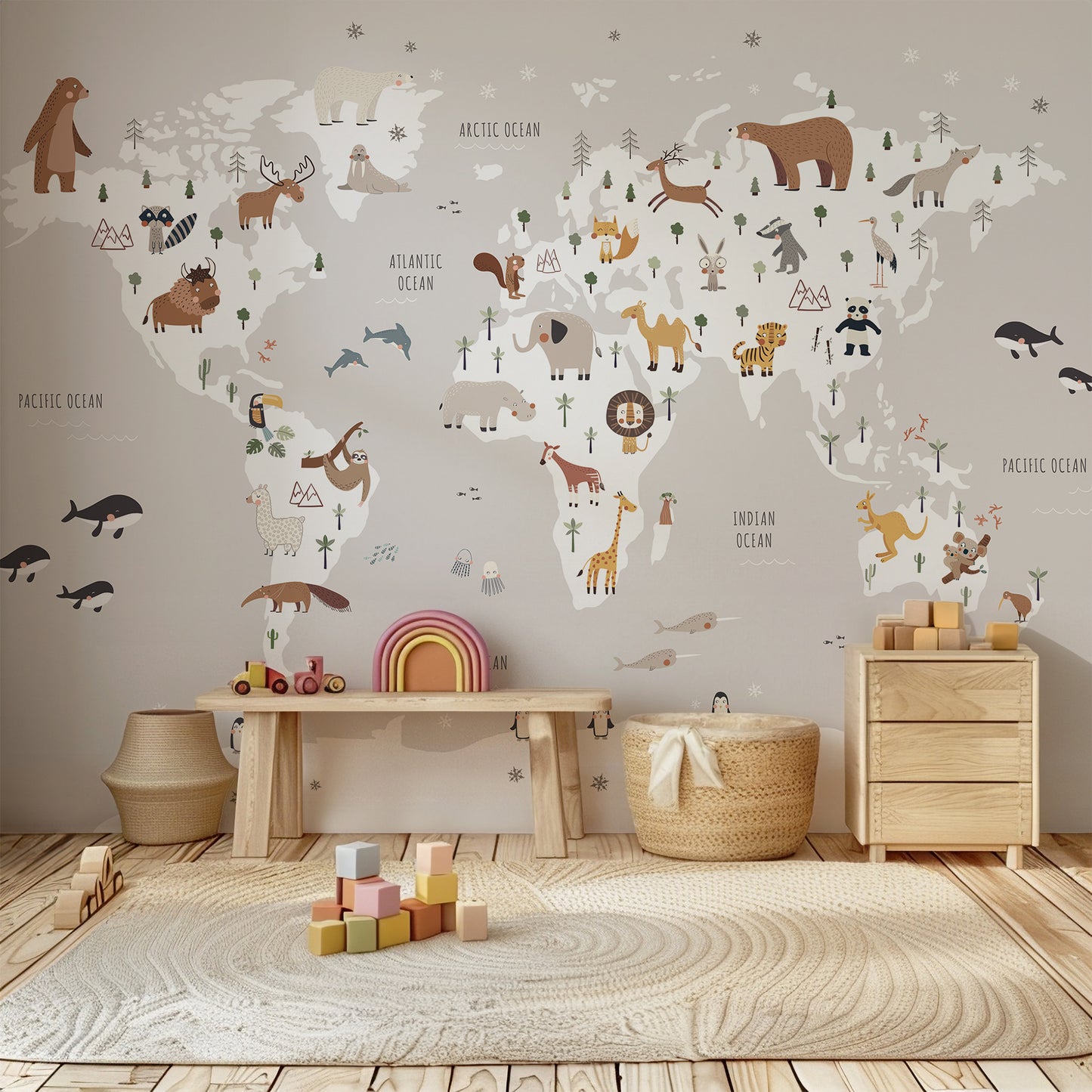 World Map with Animals Peel and Stick Wall Mural - Animals, Nursery, Illustration