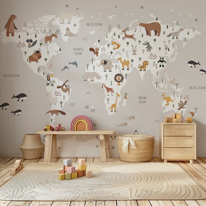 World Map with Animals Peel and Stick Wall Mural - Animals, Nursery, Illustration
