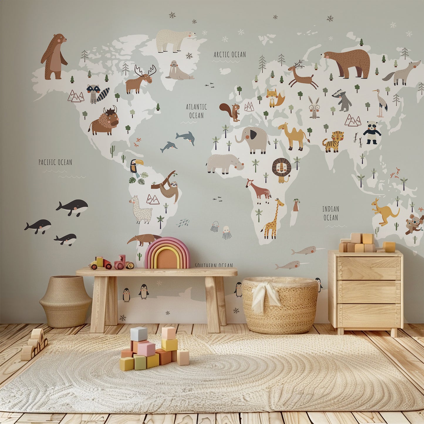 World Map with Animals Peel and Stick Wall Mural - Animals, Nursery, Illustration