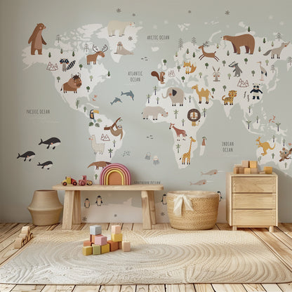 World Map with Animals Peel and Stick Wall Mural - Animals, Nursery, Illustration