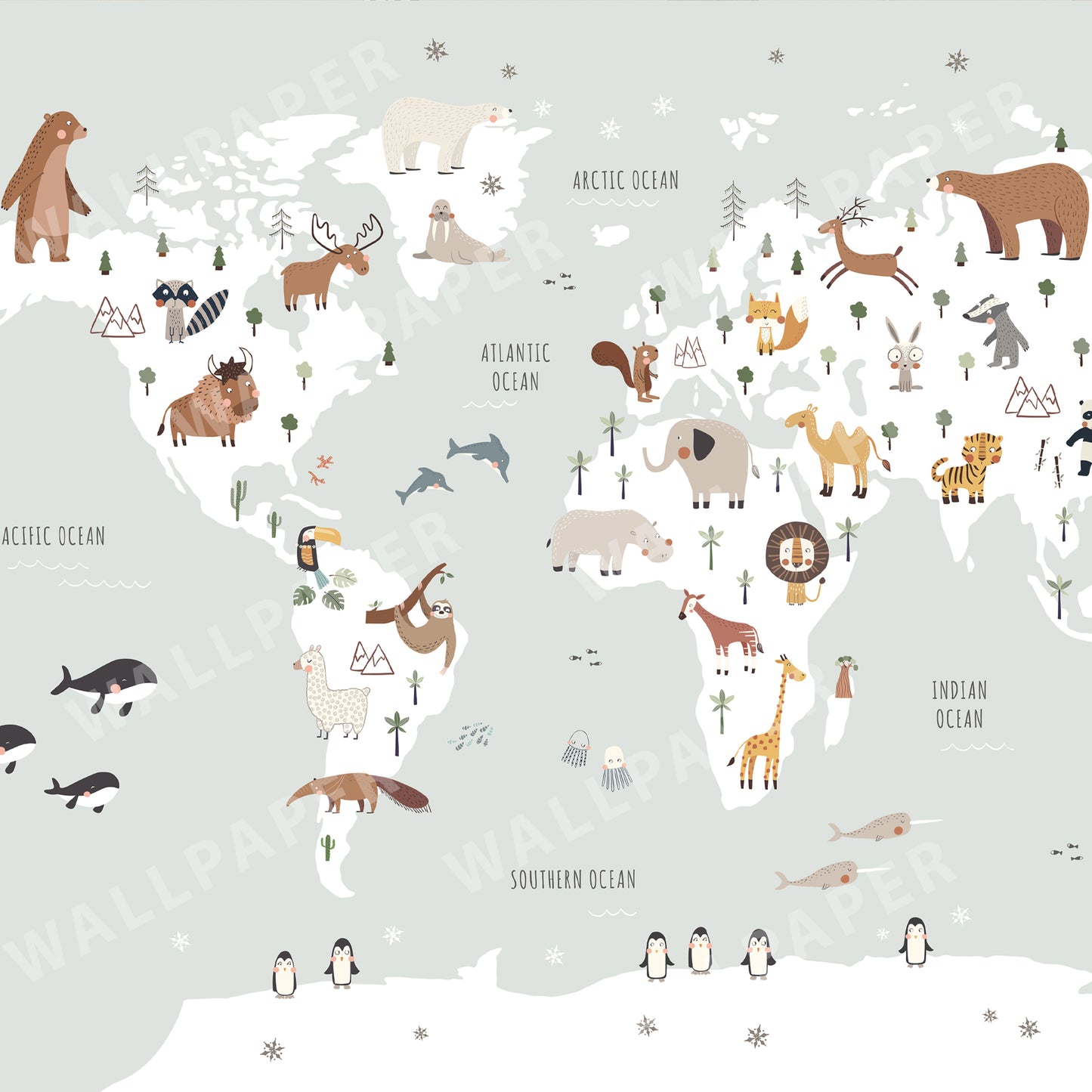 World Map with Animals Peel and Stick Wall Mural - Animals, Nursery, Illustration