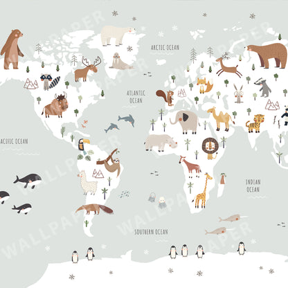 World Map with Animals Peel and Stick Wall Mural - Animals, Nursery, Illustration