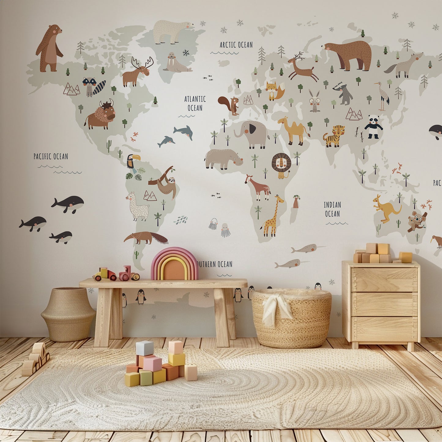 World Map with Animals Peel and Stick Wall Mural - Animals, Nursery, Illustration