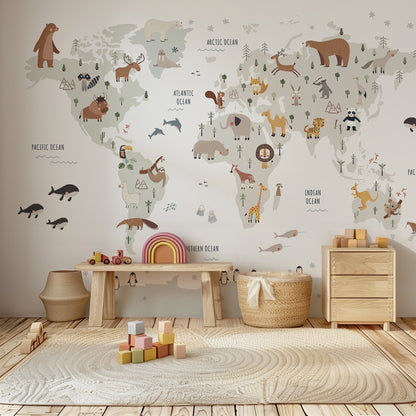 World Map with Animals Peel and Stick Wall Mural - Animals, Nursery, Illustration