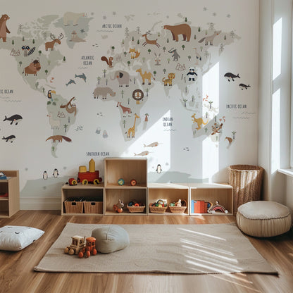 World Map with Animals Peel and Stick Wall Mural - Animals, Nursery, Illustration