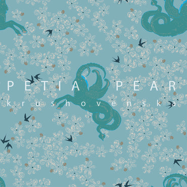 Patterned design with green abstract shapes and text on a teal background