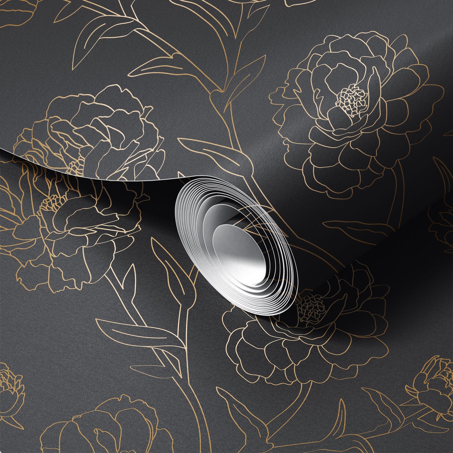 Roll of floral-patterned wallpaper with gold outlines on a dark background
