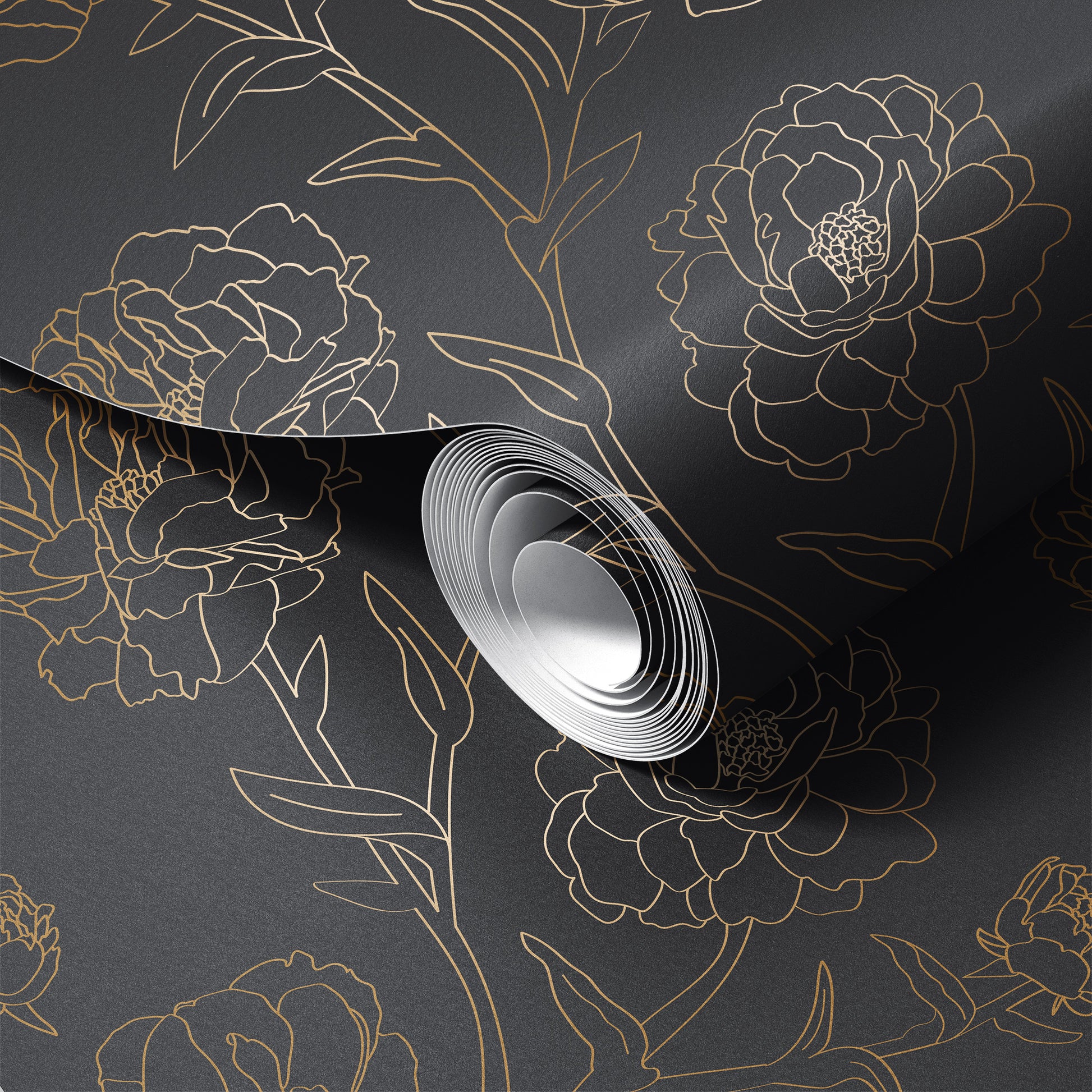 Roll of floral-patterned wallpaper with gold outlines on a dark background