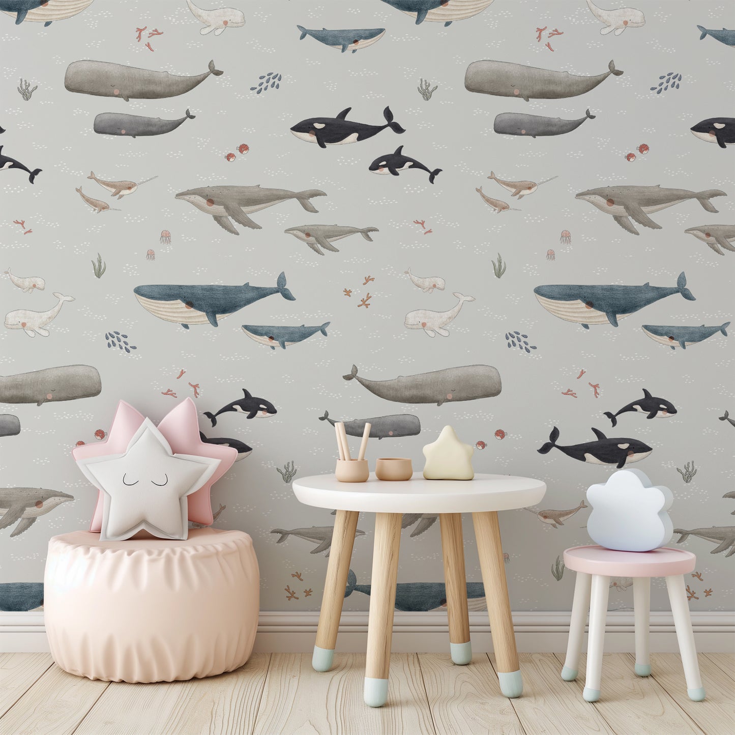 Ocean Whales Peel and Stick Wallpaper Sample - Coastal, Animals, Ocean