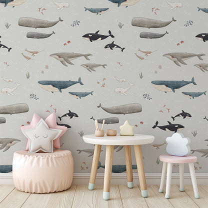 Ocean Whales Peel and Stick Wallpaper Sample - Coastal, Animals, Ocean