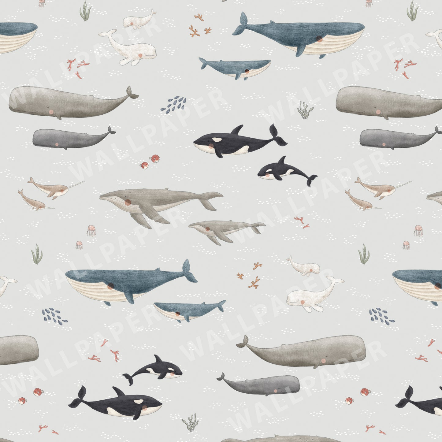 Ocean Whales Peel and Stick Wallpaper Sample - Coastal, Animals, Ocean