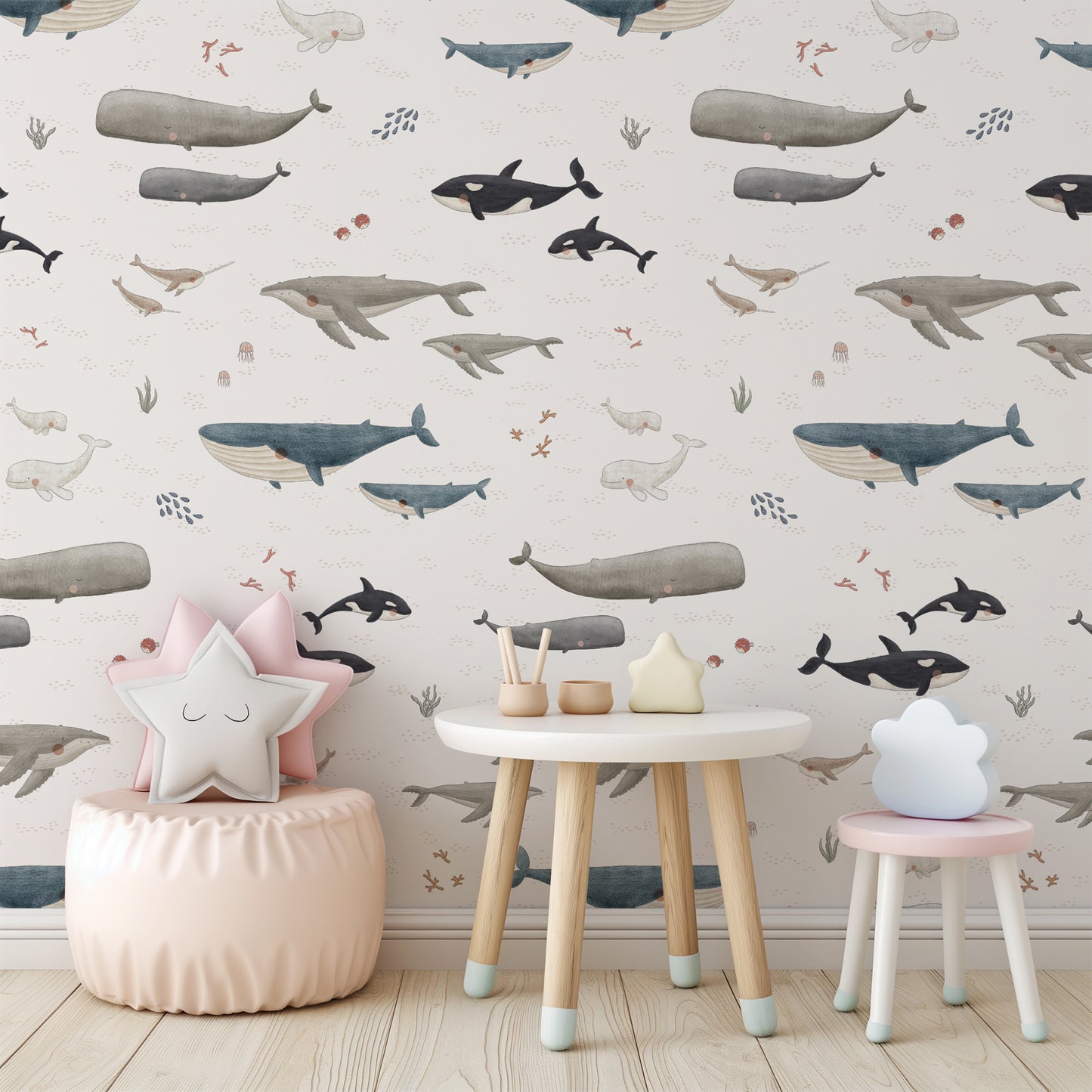 Ocean Whales Peel and Stick Wallpaper Sample - Coastal, Animals, Ocean