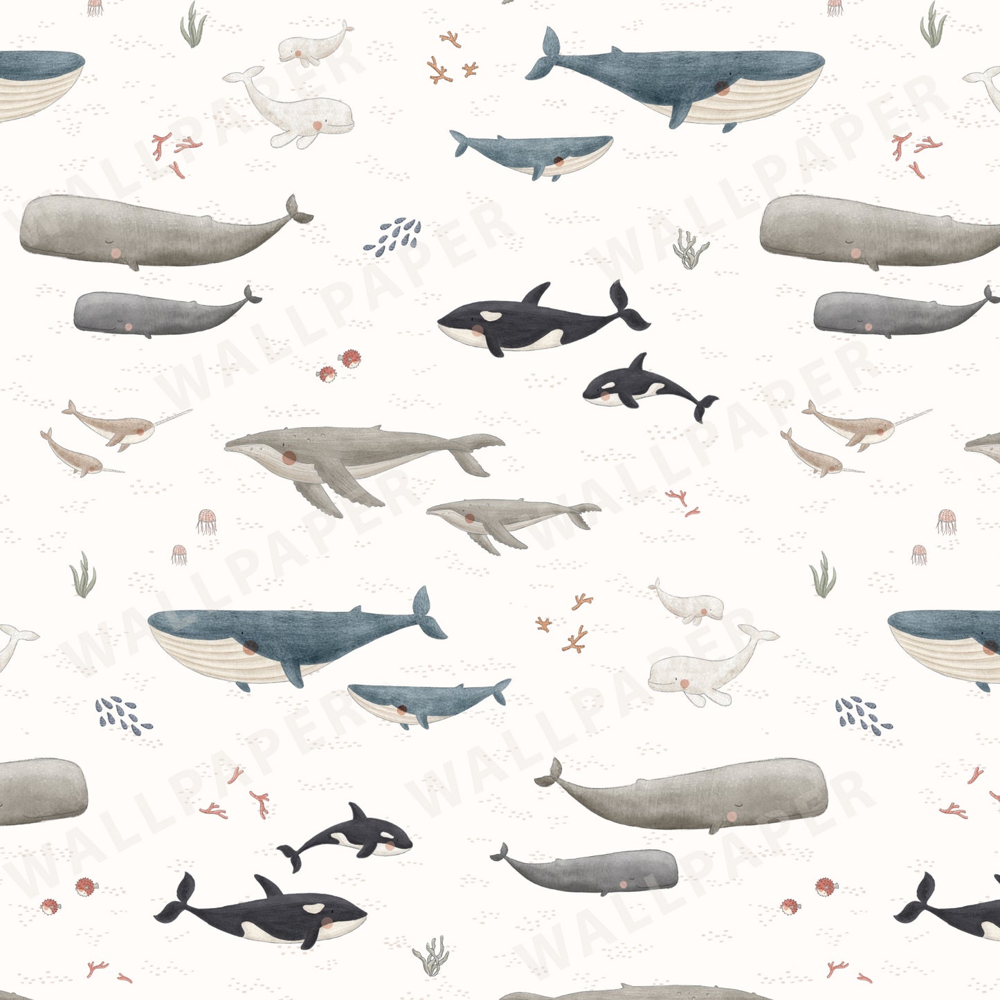 Ocean Whales Peel and Stick Wallpaper Sample - Coastal, Animals, Ocean